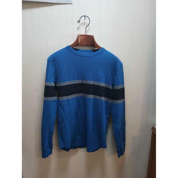 American Eagle Shirt Mens XS Blue Waffle Knit Thermal Crewneck Long Sleeve - Picture 2 of 8